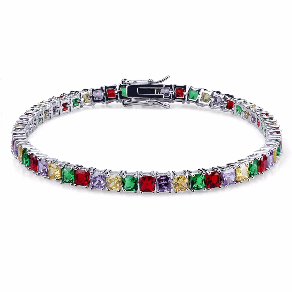 

1Mixed Color Cubic Zircon Bracelet Bling Iced Out 1 Row AAA CZ Stone Men's Hip hop Jewelry Copper Tennis Chain Free Send Gif Box