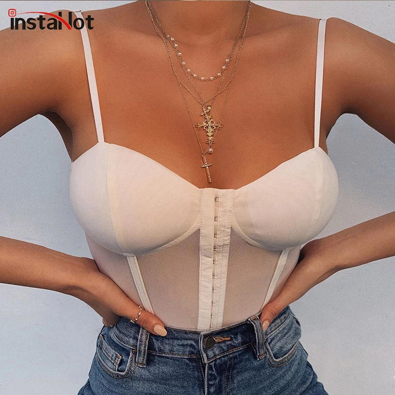 InstaHot Mesh Sexy Bodysuit Spaghetti Straps Transparent Summer Sleeveless Romper Party Club Streetwear Slim Ladies |