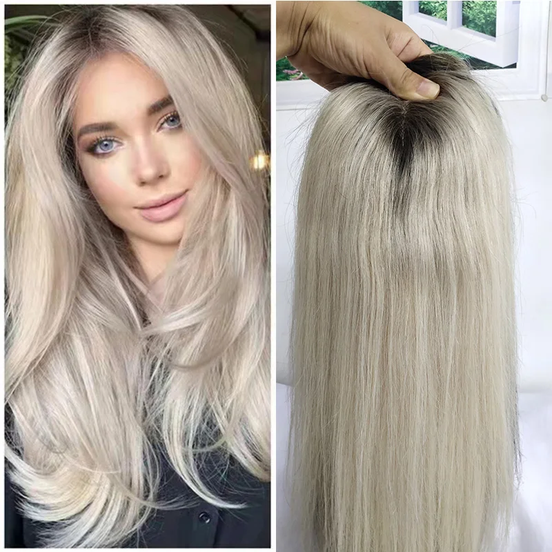 

18" 20"Ombre Ash Blonde Human Hair Topper Wig For Women Toupee 16*18 cm Breathable MONO PU Base With Clips Toupee Remy Hairpiece