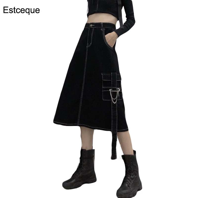 Фото 2020 vintage denim skirt washed bright line dark mid-length women black streetwear maxi plus size | Женская одежда