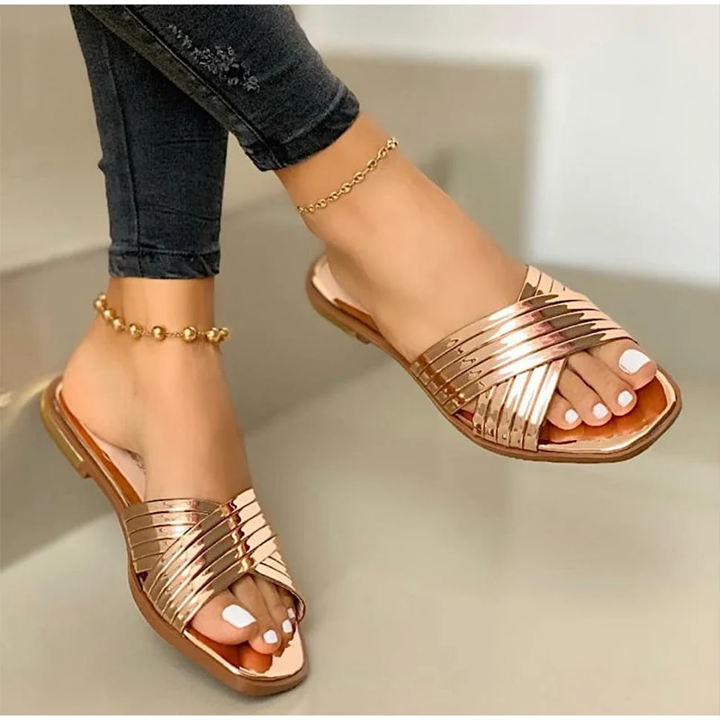 Фото Ladies Slippers Beach Summer Shoes 2020 New Women Slip on Bling Gold Flat Slides Outdoor Female Casual Sandals Plus Size | Обувь