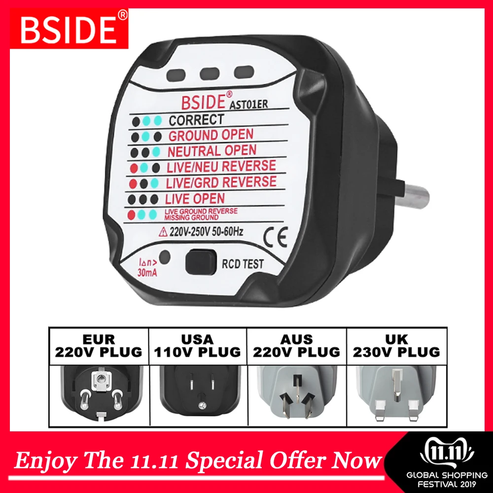 Electric Socket Tester BSIDE AST01 EU US UK AU Plug GFCI test Outlet detector Line Plug Polarity Phase Check
Electric Socket Tester BSIDE AST01 EU US UK AU Plug GFCI test Outlet detector Line Plug Polarity Phase Check