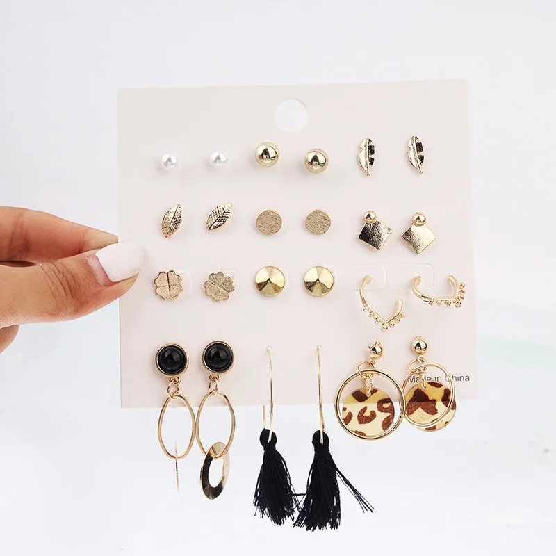 12 Pair/Set Gold Stud Earrings Set Leaves Leopard Four-leaf Clover Tassel Fashion Earring for Women 2018 Bohemia Wedding Jewelry
12 Pair/Set Gold Stud Earrings Set Leaves Leopard Four-leaf Clover Tassel Fashion Earring for Women 2018 Bohemia Wedding Jewelry