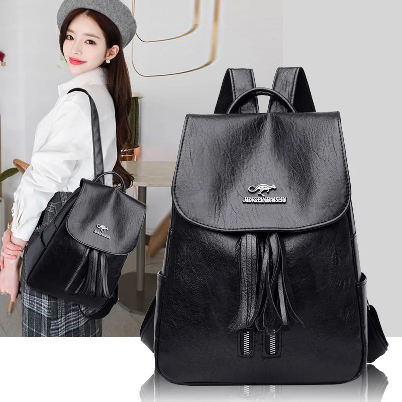 

Tassels Large Leather Women Backpack Double Zipper Female Travel Tote Bags Packbag Korean Black School Bagpack for Girls Mochila