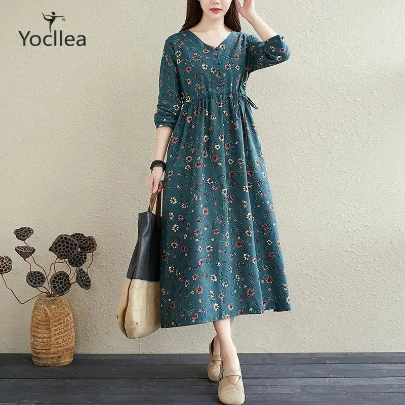 Plus size Autumn dresses Robe 2020 new National style small flower mid long fashion printed cotton linen Long Sleeve Dress
Plus size Autumn dresses Robe 2020 new National style small flower mid long fashion printed cotton linen Long Sleeve Dress