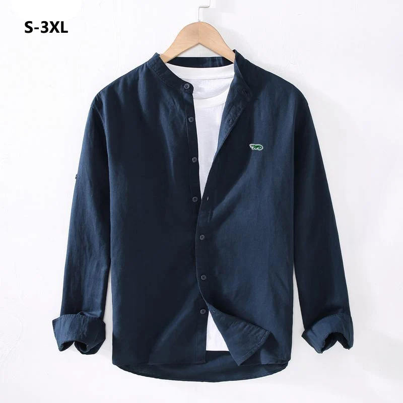 

High Quality Embroidery-Logo Mens Shirts Solid Color Casual Long Sleeve Linen Cotton Shirts Homme Blouse Male Clothing Tops