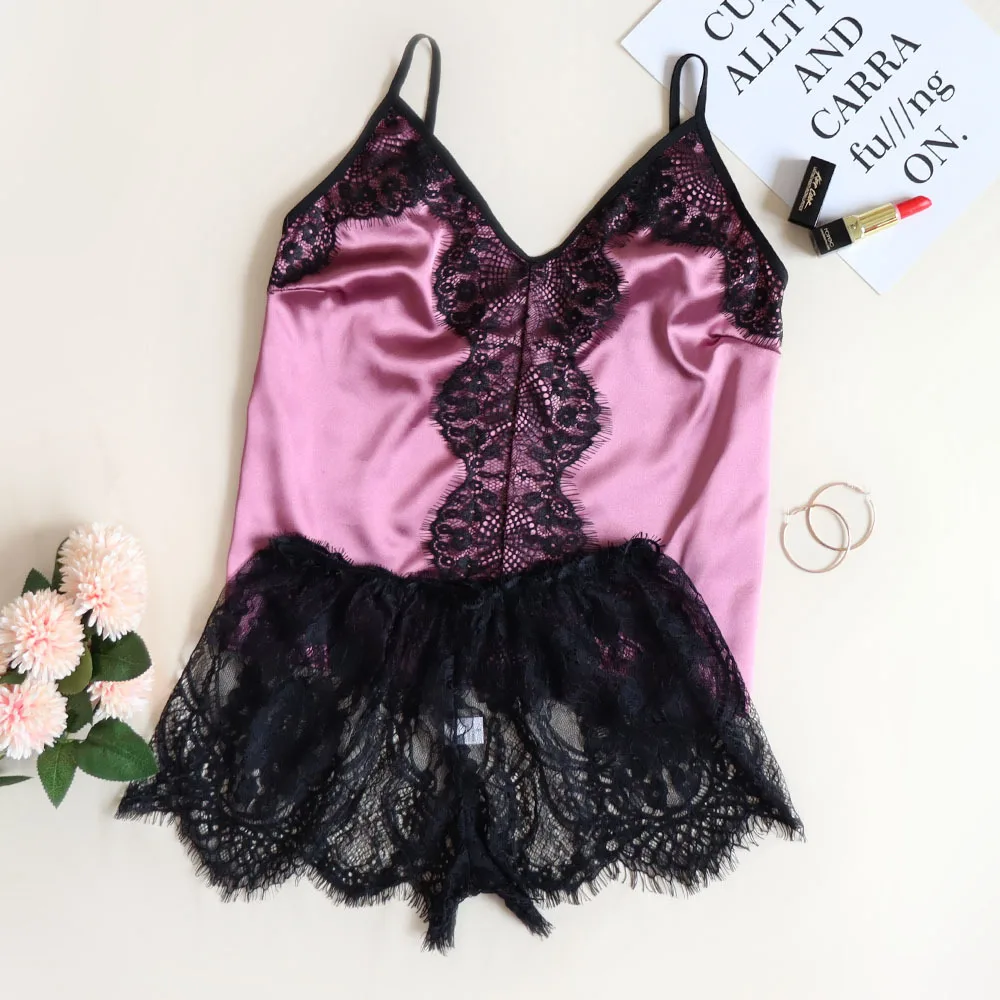 

2020 Lace Trim Satin Cami Top Sexy Lingerie Pyjamas Set Women V Neck Sleeveless Strap Pajama Sets Summer Women Bow Sleepwear Set