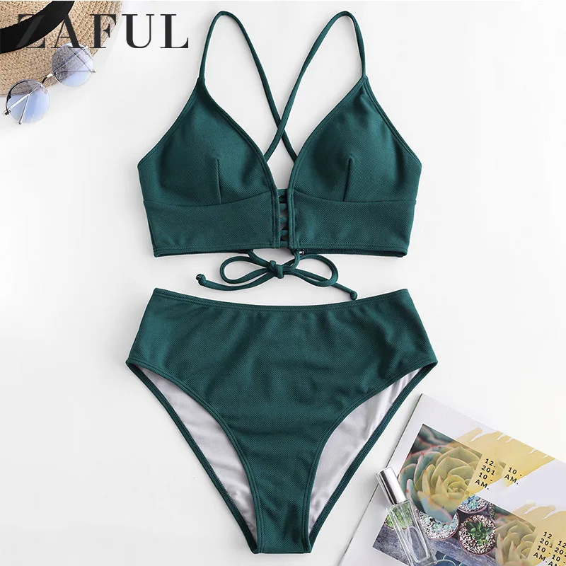 

ZAFUL Textured Lace-up High Waisted Tankini Swimsuit Spaghetti Straps Criss-Cross Strappy High Cut Swimwear Women Bathing Suit