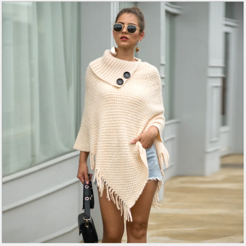 Women's sweater Cape spring 2020 autumn winter knitting tassel Cape button half open collar solid color sweater Pullover
Women's sweater Cape spring 2020 autumn winter knitting tassel Cape button half open collar solid color sweater Pullover