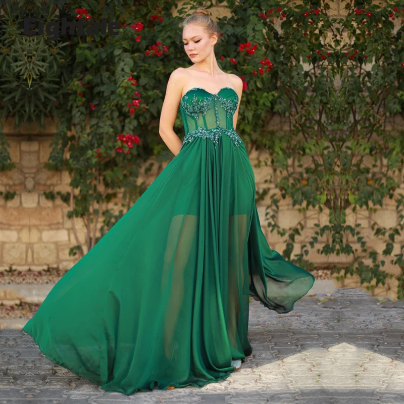 Eightale Emerald Green Evening Dresses Sweetheart Appliques A-Line Backless Chiffon Celebrity Dubai Long Party Prom Gown
Eightale Emerald Green Evening Dresses Sweetheart Appliques A-Line Backless Chiffon Celebrity Dubai Long Party Prom Gown