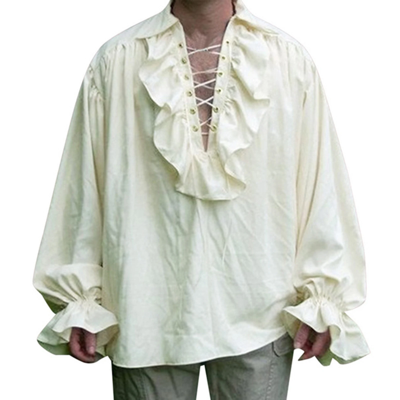 Мужская Блузка с оборками и длинным рукавом со шнуровкой средневековая рубашка в