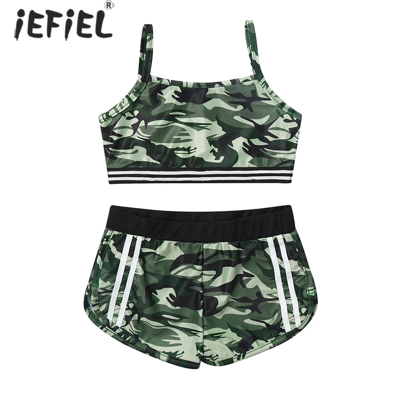 

Kids Girl Clothes Summer Camouflage Printed Sleeveless Tanks Top Ballet Dance Gym Workout Vest with Bottoms Shorts Tracksuit Set