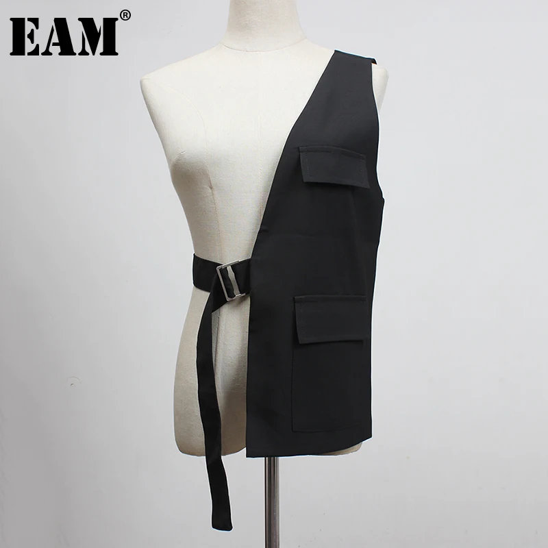 Фото [EAM] женский свободный черный жилет с одной боковой пряжкой разрезом новый модный