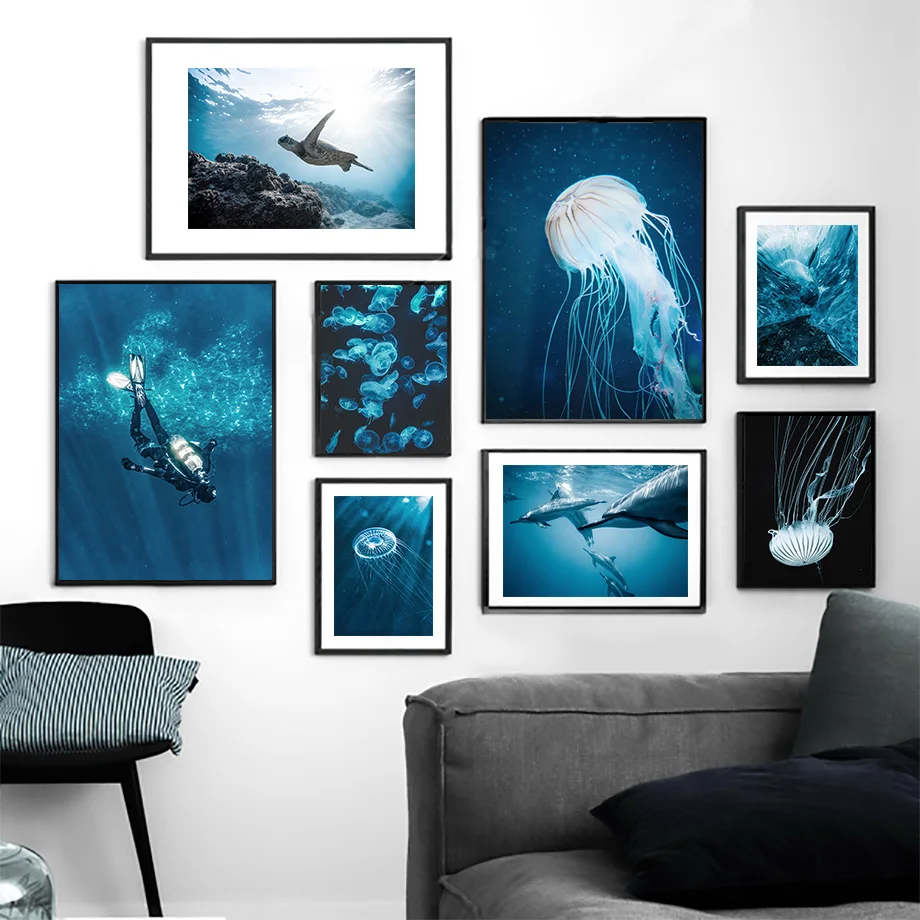 Deep Sea Scenery Wall Art Canvas Painting Dolphin Jellyfish Turtle Ocean Dive Posters And Prints Decorative Pictures For Room | Дом и сад