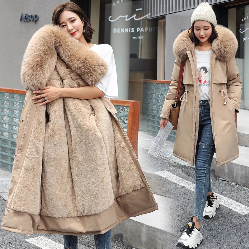 

New Cotton Liner Winter Jacket Parker Coat Adjustable Waist Overcoat Fur Collar Women Casual Medium Long Hooded Parka Plus Size