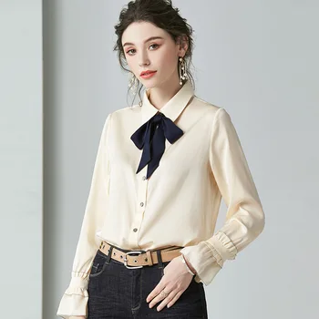 Blouse Women Silk Shirts 2020 Spring New Contrast Color Bow Turndown Collar Ruffles Flare Sleeve Single Breasted Tops S-XL
Blouse Women Silk Shirts 2020 Spring New Contrast Color Bow Turndown Collar Ruffles Flare Sleeve Single Breasted Tops S-XL