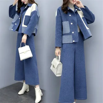 S-3XL Winter Women's Set Outfits Patchwork Woolen Two Piece Set Pocket Elegant Suits Coats Korean Style OL Wide Leg Pants SetS 
S-3XL Winter Women's Set Outfits Patchwork Woolen Two Piece Set Pocket Elegant Suits Coats Korean Style OL Wide Leg Pants SetS