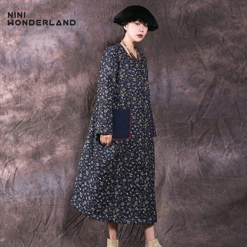 NINI WONDERLAND 2019 Autumn Winter Dress Women Print Flower Cotton Thick Warm Retro Dress Long Robe Lady Loose Dresses Big Size 
NINI WONDERLAND 2019 Autumn Winter Dress Women Print Flower Cotton Thick Warm Retro Dress Long Robe Lady Loose Dresses Big Size