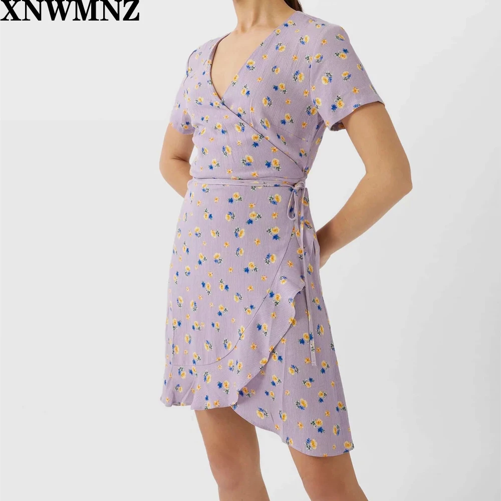 

XNWMNZ za Women 2020 Chic Fashion Floral Print Ruffles Wrap Mini Dress Vintage V Neck Short Sleeve Female Dresses Vestidos Mujer