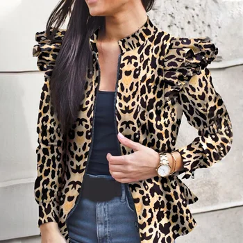Women Long Sleeve Stand Collar Leopard Print Jacket Open Front Camouflage Print Ruffles Shoulder Coat Zip Casual Jackets 2020
Women Long Sleeve Stand Collar Leopard Print Jacket Open Front Camouflage Print Ruffles Shoulder Coat Zip Casual Jackets 2020