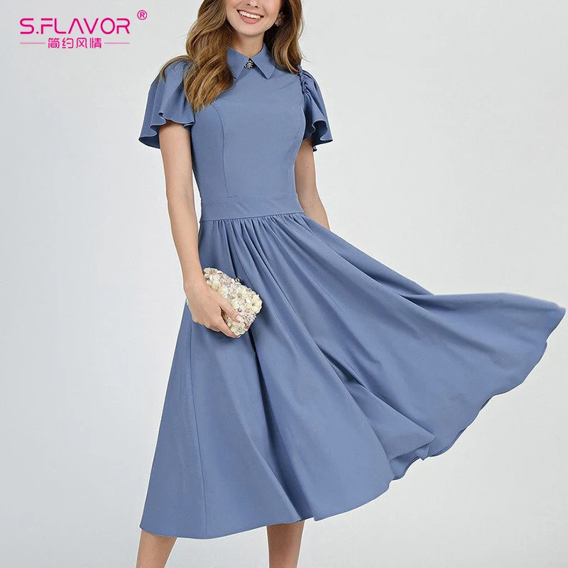 S.FLAVOR Women Turn-down Collar A-Line Dress Elegant Ruffles Sleeve Slim Party Vestidos Casual Spring Summer Dresses |