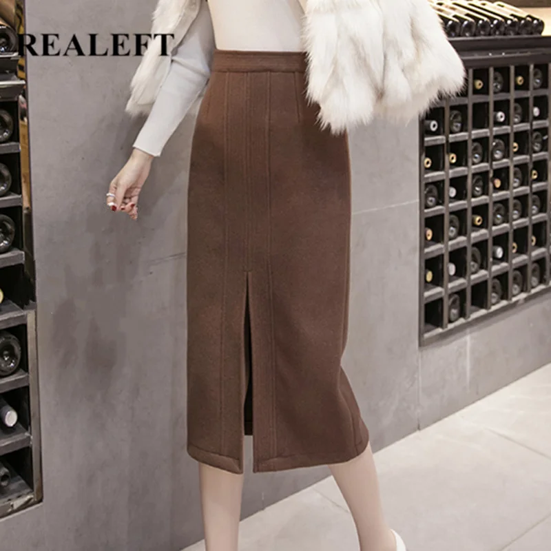 REALEFT Autumn Winter Women's Simple Woolen Wrap Skirts High Waist Front Split Fashion Pencil Sheath Midi Female 2019 New | Женская