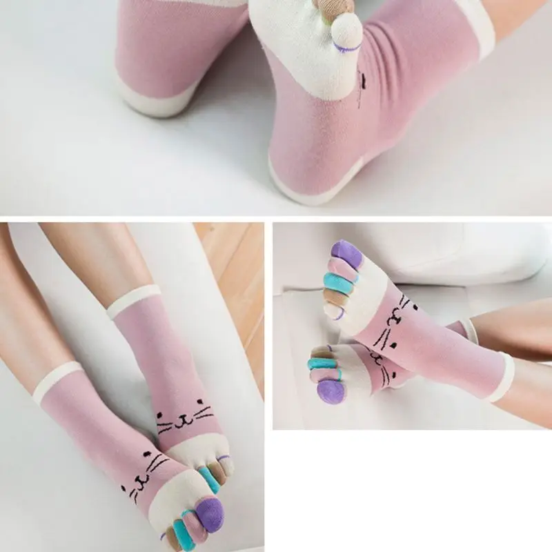 

Korean Women Cute Cartoon Meow Cat Cotton Crew Toe Socks Candy Colorful Five Finger Breathable Anti-Sweat Casual Hosiery