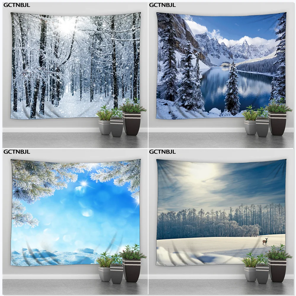 

Sunshine Snow Winter Forest Tapestry Beautiful Trees Scenery Decoration Curtain Hippie Wall Hanging Bedroom Background Blanket