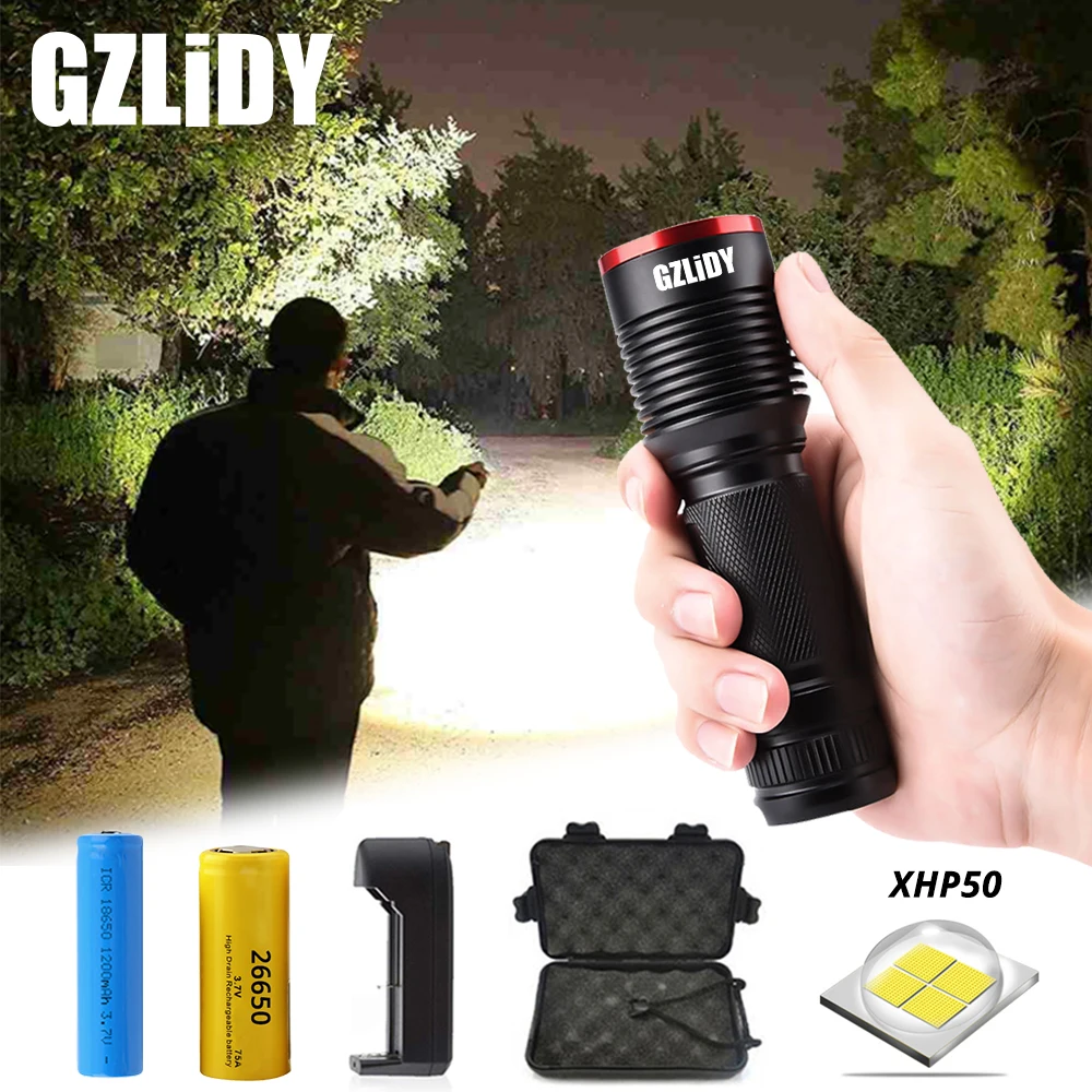 Powerful XHP50 LED Flashlight Waterproof Zoom LED Tactical Torch 5 Lighting Modes Powered By 18650 or 26650 for Outdoor Lighting
Powerful XHP50 LED Flashlight Waterproof Zoom LED Tactical Torch 5 Lighting Modes Powered By 18650 or 26650 for Outdoor Lighting