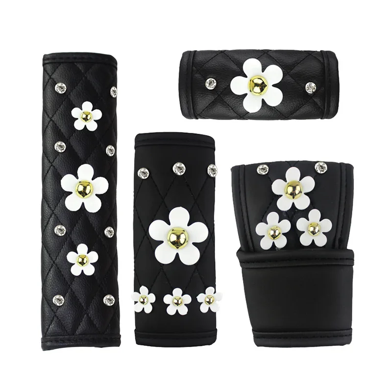 Leather Daisy Flower Diamond Car Handbrake Grips Parking Brake protective Cover Set Rear View Mirror Cover Seat Belt Shoulder
Leather Daisy Flower Diamond Car Handbrake Grips Parking Brake protective Cover Set Rear View Mirror Cover Seat Belt Shoulder