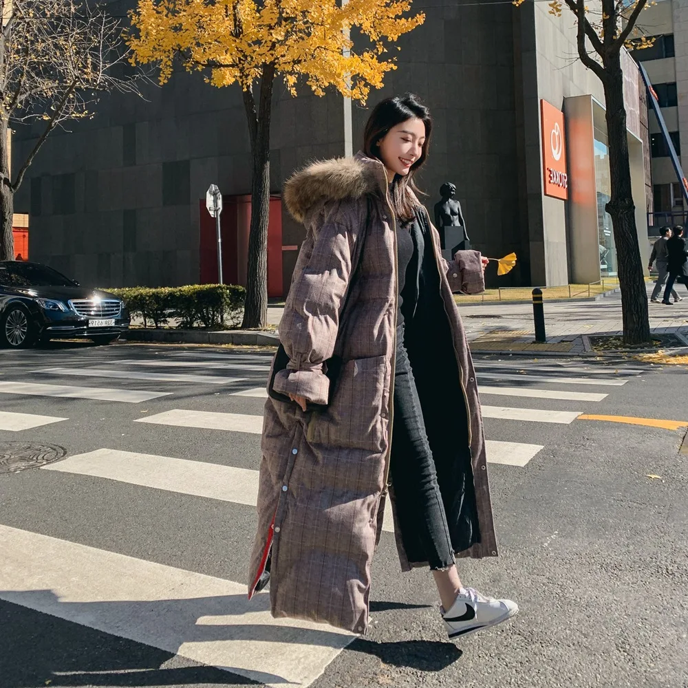 Photo Shoot 2018 Winter New Style WOMEN'S Dress Retro British Style Hooded Large Fur Collar Plaid Long Cotton Coat Cotton-padded