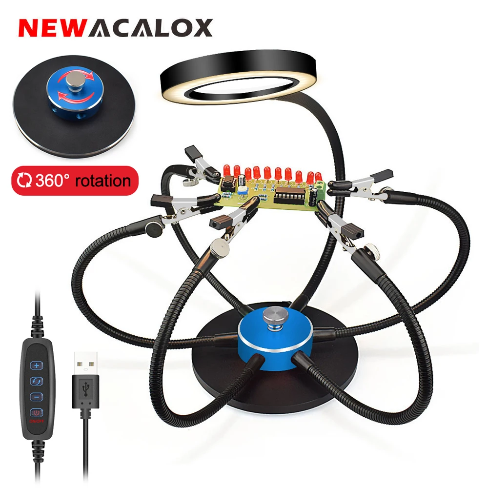 

NEWACALOX Soldering Repair Helping Hands Third Hand with 3X LED Magnifying Glass 360° Rotating Base PCB Holder Welding Workbench