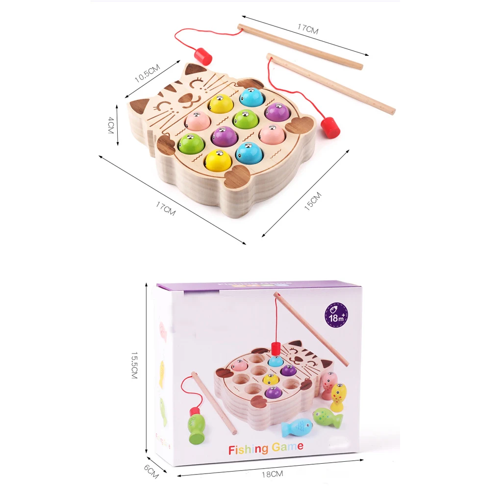 Magnetic Wooden Puzzle Fishing Game Playset with 10 Fishes, 2 Poles, and 1 Fishing Cat Board Magnetic Wooden Puzzle Fishing Game Playset with 10 Fishes, 2 Poles, and 1 Fishing Cat Board