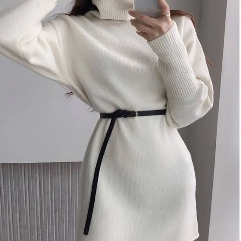 

Chic Turtleneck Full Sleeve Female Knitted Mini Dress Elegant Slim Waist Belted Female Package Hip Sweater Vestidos