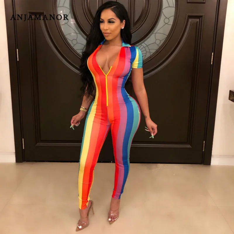 ANJAMANOR Rainbow Striped Bodycon Jumpsuit Zipper Deep V Neck Short Sleeve Rompers Sexy Womens One Piece Club Outfits D91-AD30
ANJAMANOR Rainbow Striped Bodycon Jumpsuit Zipper Deep V Neck Short Sleeve Rompers Sexy Womens One Piece Club Outfits D91-AD30