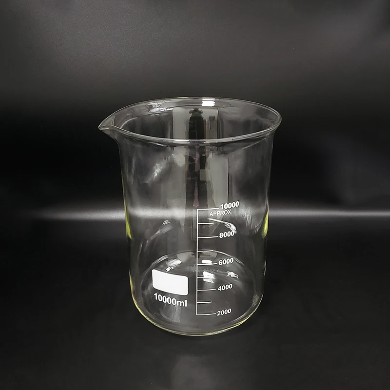 

Beaker in low form,Capacity 10000ml,Outer diameter=230mm,Height=330mm,Laboratory beaker