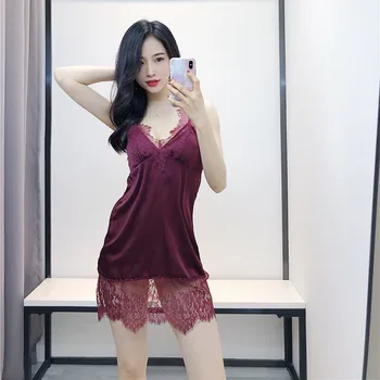 Women Summer Ice Silk Sexy Intimate Lingerie Hot Sexy Pajamas V-Neck Halter Nightdress With Breast Pad Lovely Lace Slip Dress
Women Summer Ice Silk Sexy Intimate Lingerie Hot Sexy Pajamas V-Neck Halter Nightdress With Breast Pad Lovely Lace Slip Dress