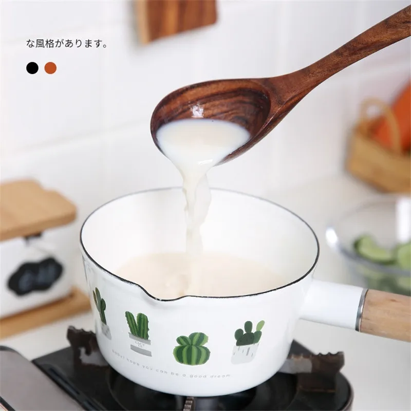 

15 CM Cactus Porcelain Enamel Milk Soup Pot With Wooden Handle Baby Food Soup Pot Induction Cooker Gas Stove Cooker Uncoated