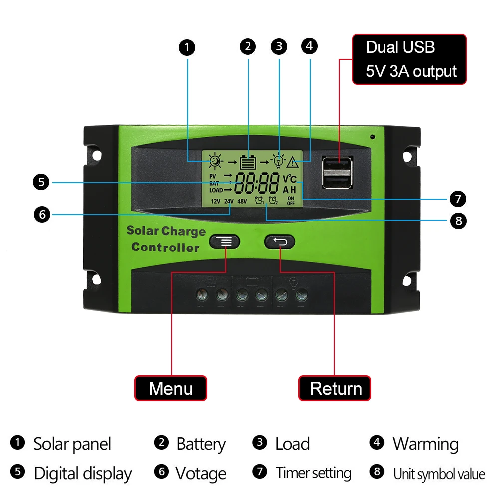 Solar Charge Controller Solar Panel Battery Intelligent Regulator with Dual USB Port PWM LCD Display 12V/24V 10A/20A/30A
Solar Charge Controller Solar Panel Battery Intelligent Regulator with Dual USB Port PWM LCD Display 12V/24V 10A/20A/30A