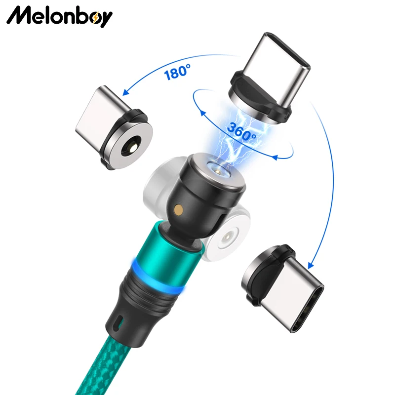Melonboy 540 Rotation Led Magnetic Plug Charging Cable Micro Usb Type C Phone Cord for Xiaomi iPhone Huawei wire | Мобильные