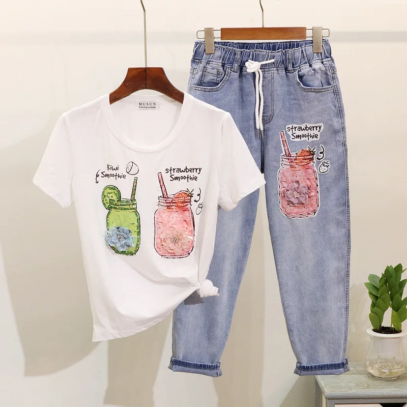 

Autumn Women 3D Flower Beaded drink cup printing Cotton Tshirts + Harem Denim Pant Jenans Twinset Drawstring Jeans 2 Piece Set