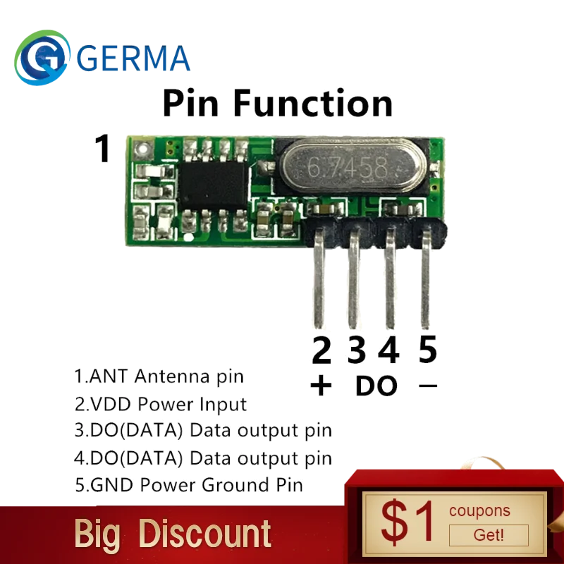 GERMA 433 mhz RF Receiver Superheterodyne UHF ASK 433Mhz Remote Control Module Kit Small Size Low Power For Arduino Uno
GERMA 433 mhz RF Receiver Superheterodyne UHF ASK 433Mhz Remote Control Module Kit Small Size Low Power For Arduino Uno