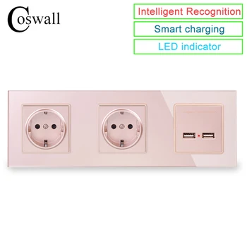 

COSWALL Wall Crystal Glass Panel Double Socket 16A EU Electrical Outlet Dual USB Smart Charging Port 5V 2A Output Gold Color