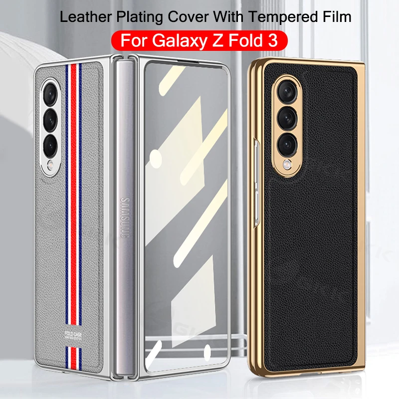 

Leather Plating Case With Outer Screen Glass For Samsung Galaxy Z Fold 3 2 5G Shockproof Hard Cover For Samsung Z Fold 3 5G Case