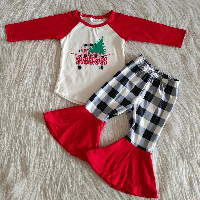 

2022 2PCS Fashion Toddler Girls Clothes Children Christmas grid Printed Long Sleeve Tops Bell Pants Set boutique kid outfits