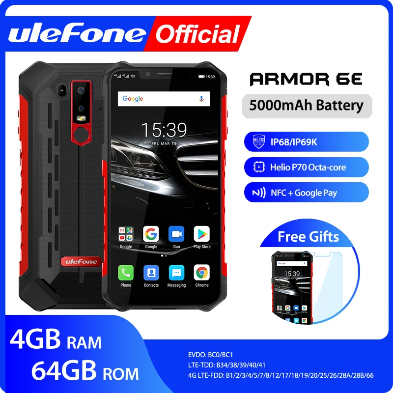 Ulefone Armor 6E Waterproof IP68 NFC Rugged Mobile Phone Helio P70 Otca-core Android 9.0 4GB+64GB wireless charge Smartphone
Ulefone Armor 6E Waterproof IP68 NFC Rugged Mobile Phone Helio P70 Otca-core Android 9.0 4GB+64GB wireless charge Smartphone