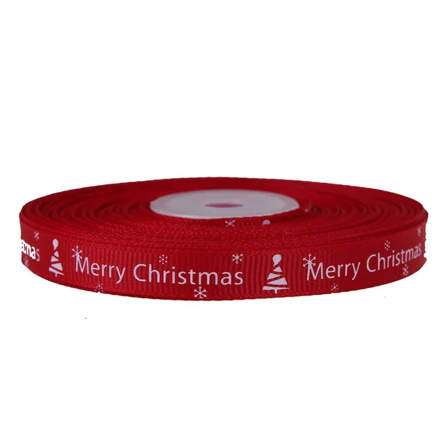 

Red 25 yards/Lot 10mm Merry Christmas Letters Festival Printed Grosgrain Ribbons for Home Party Gift Hair Craft Decorations