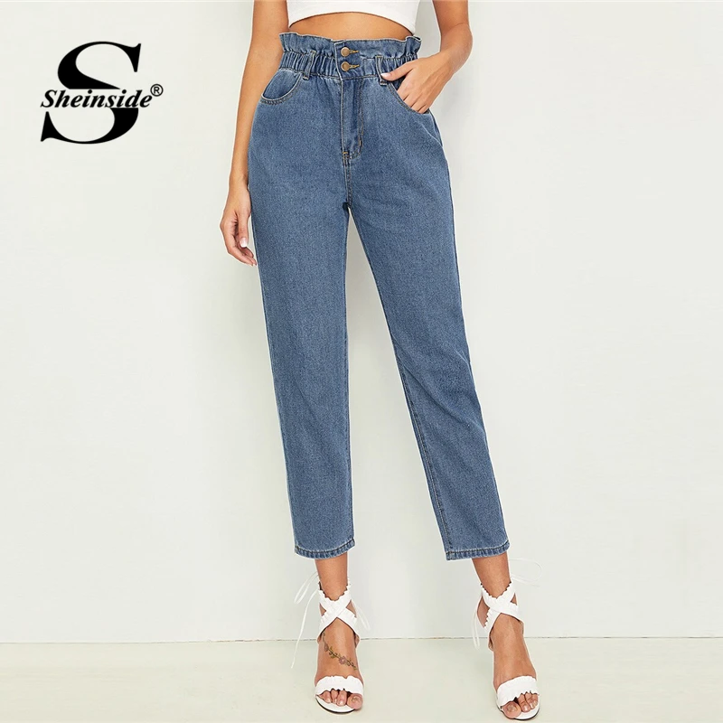 

Sheinside Casual Paperbag Waist Tapered Jeans Women 2019 Autumn Crop Trousers Ladies Blue Button Up Elastic Waist Pants