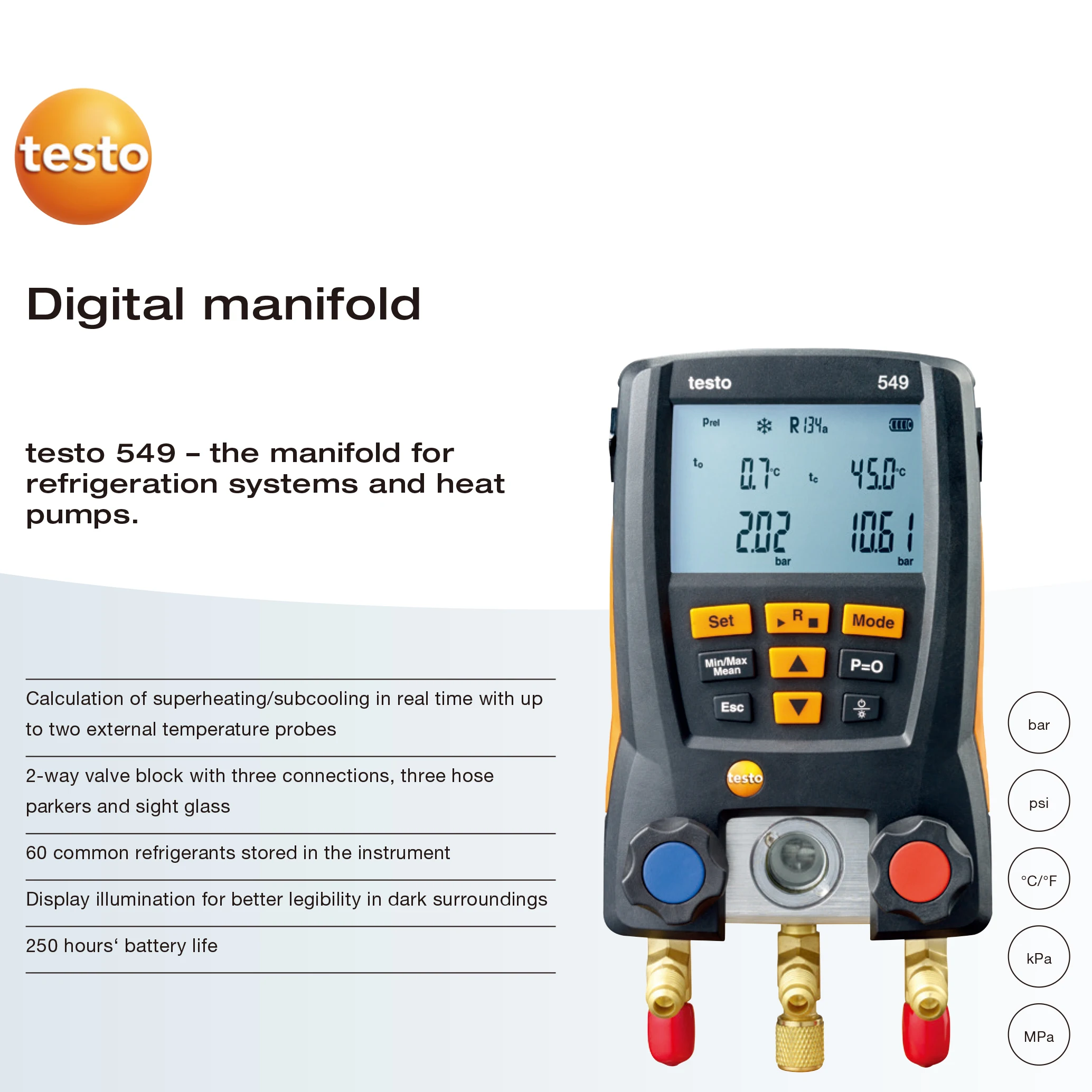 Manómetro digital para sistema de climatización, kit de pruebas LCD Testo 549, herramientas de aire acondicionado HVAC