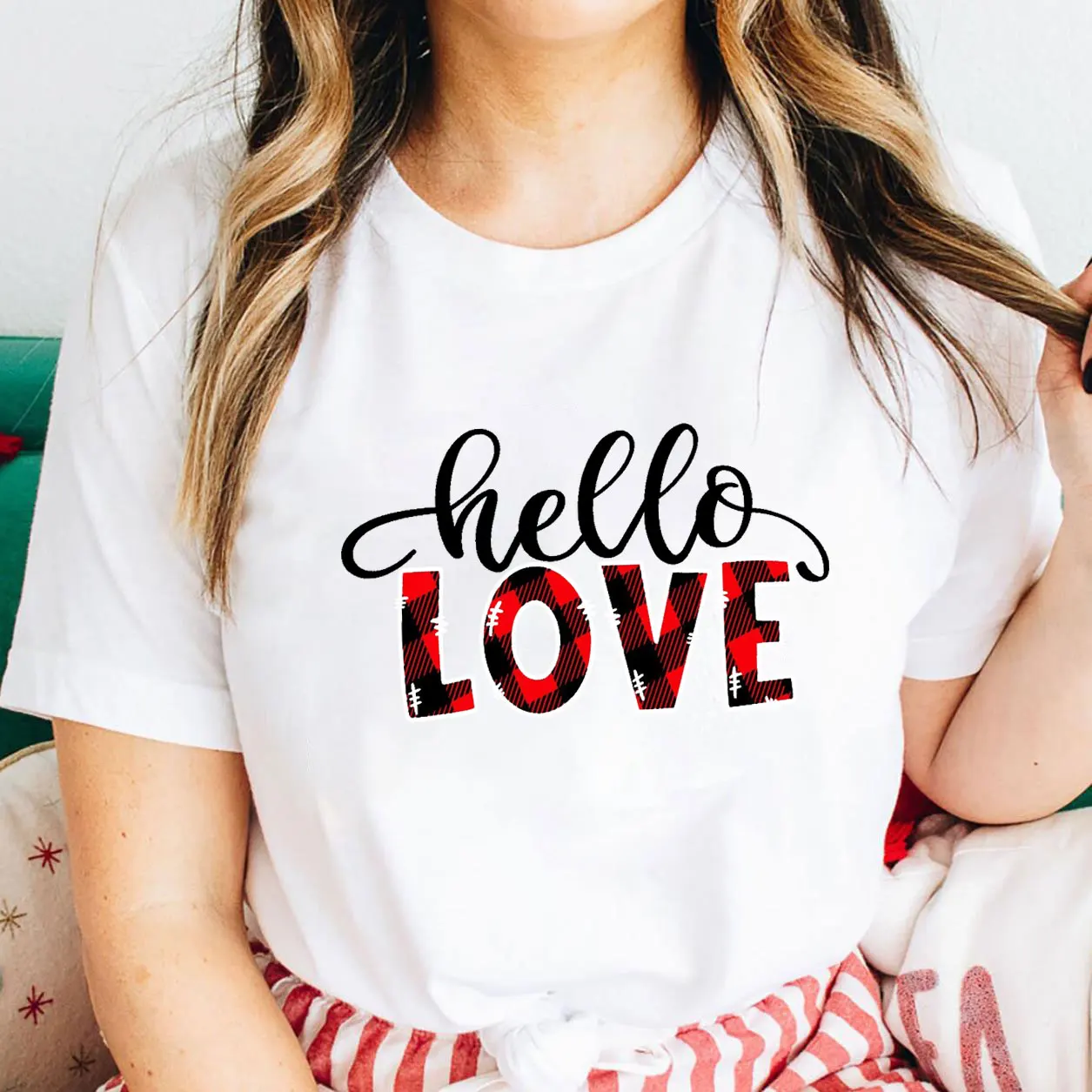 

Hello Love Plaid Colorful Valentine's Day Shirt New Arrival 100%Cotton Women T Shirt Unisex Spring Funny Casual Short Sleeve Top